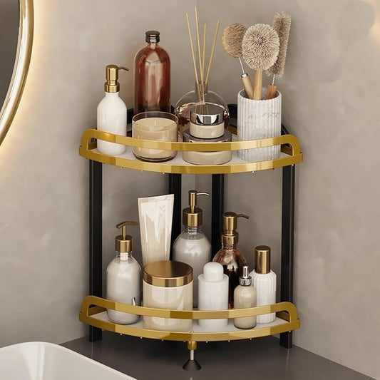 2 Tier Bathroom Organizer Countertop XL Corner Shelf, Black Gold Bathroom Counter Organizers, Large Capacity Vanity Shelves, Corner Skincare Makeup Storage, 9''W x 9''L x 13.78''H