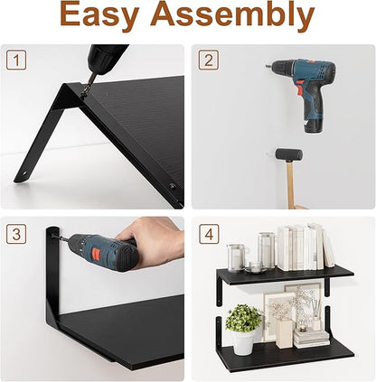 30" W x 12" D Black Floating Shelves for Wall, Deep Wall Shelves with Visible Bracket for Books, Plant, Large Deep Bathroom Shelf for Storage & Display, Set of 2