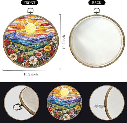 Wildflowers Sunset Flower Floral Garden Decor, Gift for Mom, Nature Lover Gift Framed Round Wall Decor Canvas Wall Art Hanging Prints Artwork for Home Living Room Office Decorations 10.2X10.2 Inch