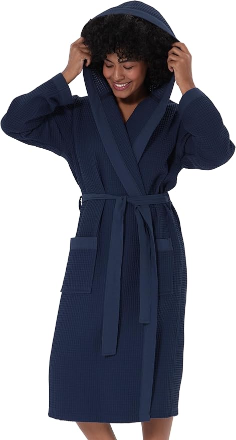 Women’s Luxury Waffle Shawl Collar, Hooded Robe w Piping – Lightweight, Long, Ultra Soft Spa Sleepwear Bathrobe