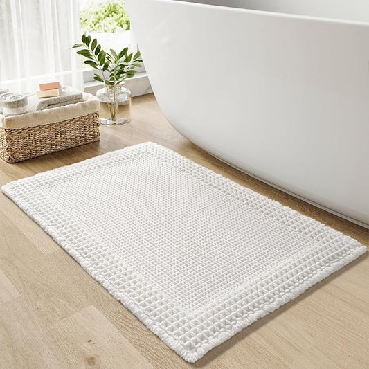 RESARE Waffle Bath Mat, Super Absorbent Non Slip, Machine Washable, Ultra Soft Boho Bath Rugs with Tassels, Upgraded Bordered Design, 17"x24" White