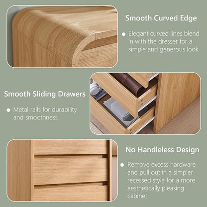 25" Tall Modern Nightstand with Charging Station, 23.6'' Wide Wood Bedside Table w/3 Storage Drawers, Small Dresser w/Curved Profile Design, End Table for Bedroom, Natural Oak