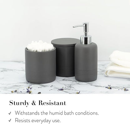 ZCCZ Gray Bathroom Accessories Set 6 Pieces - Toothbrush Holder, Lotion Dispenser, Qtip Container, Vanity Tray, Tumbler - Countertop Organizer for Bathrooms - Elegant and Functional Décor Set