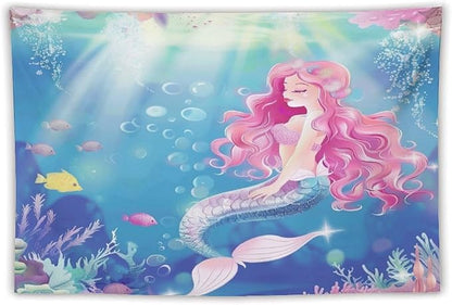HZOHNAGO Mermaid Girls Tapestry Watercolor Mermaid Princess Pink Hair Pattern for Kids Room Decoration Printed Wall Tapestry Wall Hanging for Bedroom Living Room Dorm 60" W x 40" H