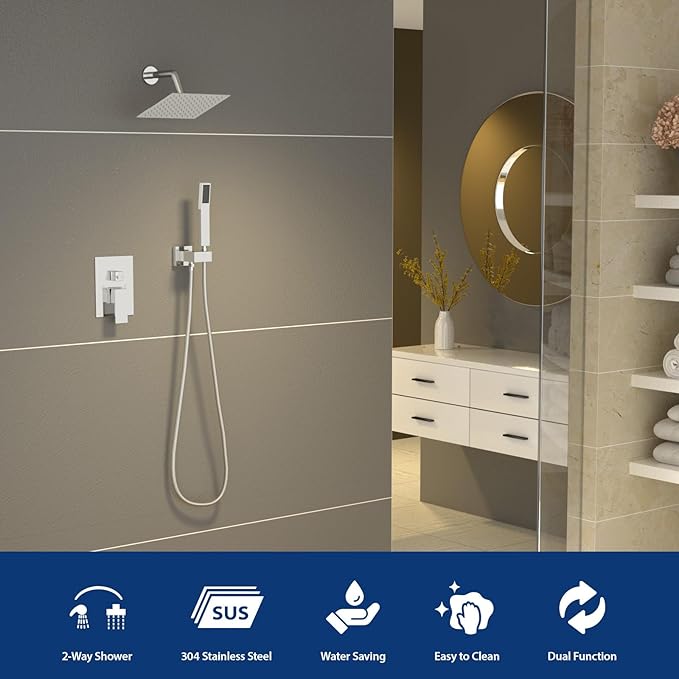 Sarlai Shower Faucet Set Bathroom Square Rainfall Shower Head and Handle Combo Wall Mounted Shower Faucet with Valve 8 Inch Shower Head Trim Systems Chrome