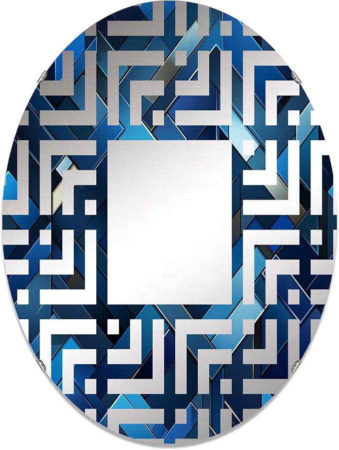 Symmetric Cubes in Deep Cobalt Blue - Geometric Maze - 20x30 Inches - Oval Decorative Wall Mirror for Bathroom, Bedroom, Entryway, Living Room, Vanity Room and Modern Décor