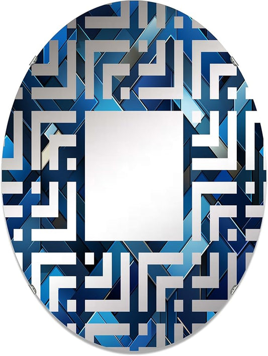 Symmetric Cubes in Deep Cobalt Blue - Geometric Maze - 20x30 Inches - Oval Decorative Wall Mirror for Bathroom, Bedroom, Entryway, Living Room, Vanity Room and Modern Décor