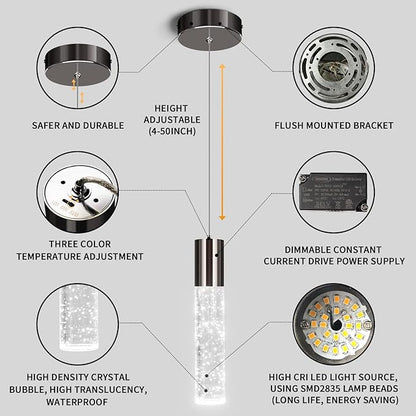 OKELI Modern Pendant Lights,3 Color LED Bubble Crystal Island Light Fixtures,Black Mini Pendant Lighting for Kitchen Island,Bar,6W,3000-6000K,ETL,3 Pack