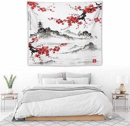 Cherry Blossoms Tapestry, Japanese Fuji Mountain Tapestry, Asian Japanese Wall Tapestry, Nature Landscape Tapestries for Bedroom Living Room Decor 60"x50"