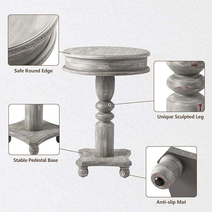 COSIEST Set of 2 Rustic Accent Side Table, Farmhouse Wood Pedestal Table Round End Table for Living Room, Bedroom, Distressed Whitewash Finish, Grey Color