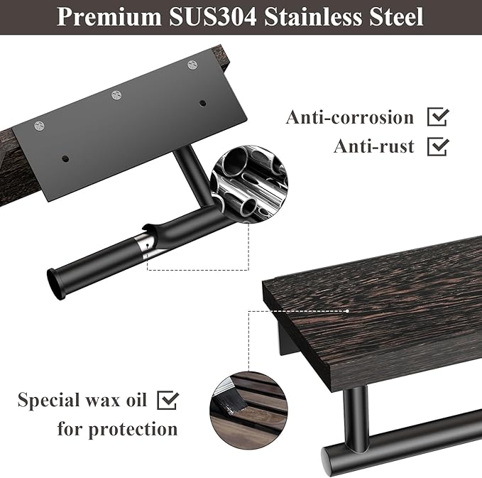 Tindbea Toilet Paper Holder with Wood Shelf, Wooden Wall Mount Tissue Paper Roll Holder, Matte Black Stainless Steel Bathroom Accessories Decor for Household Home Apartment Restroom Essential (Wenge)
