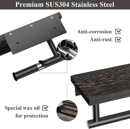 Tindbea Toilet Paper Holder with Wood Shelf, Wooden Wall Mount Tissue Paper Roll Holder, Matte Black Stainless Steel Bathroom Accessories Decor for Household Home Apartment Restroom Essential (Wenge)