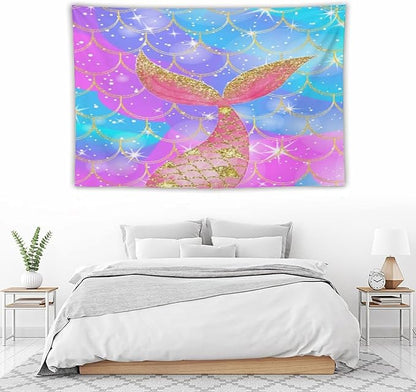 HZOHNAGO Mermaid Scales Tapestry Colorful Shiny Scales Mermaid Tail Pattern Printed Wall Tapestry Wall Hanging for Bedroom Living Room Dorm 90" W x 60" H