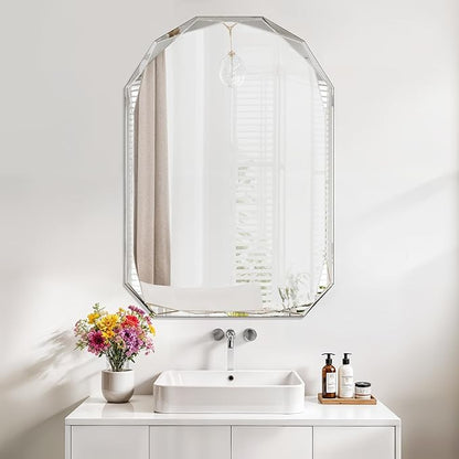 Bathroom Mirror for Wall, 20" x 30" Arched Mirror, Bathroom Vanity Mirrors, Beveled Edge Frameless Wall Mount Vanity Mirror, Wall Mirror Decorative, Irregular Beveled Edge Mirror