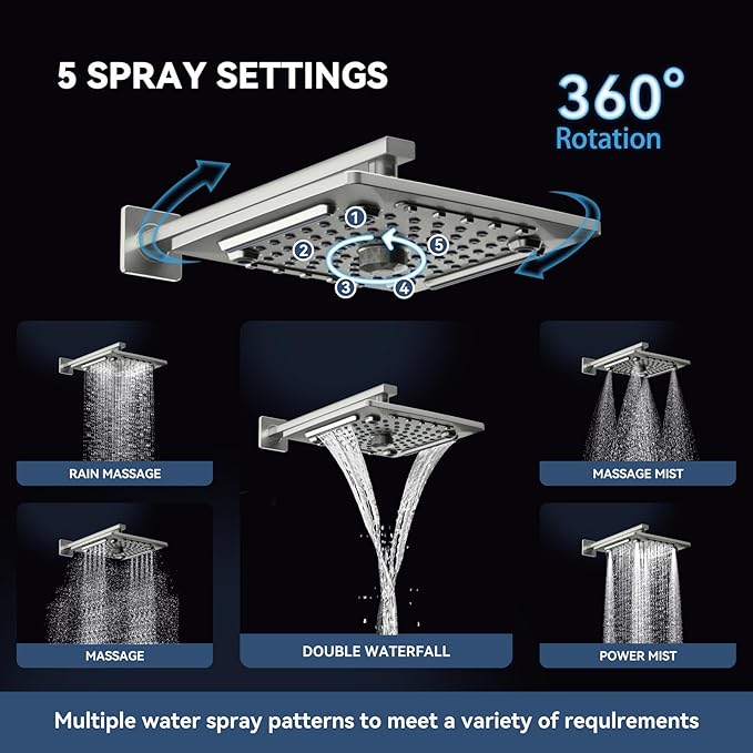 ELLO&ALLO Shower Faucet Set Mixing Valve and Trim Kit Brushed Nickel, Rainfall Waterfall Shower Head with Handheld Combo