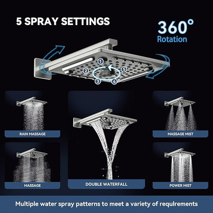 ELLO&ALLO Shower Faucet Set Mixing Valve and Trim Kit Brushed Nickel, Rainfall Waterfall Shower Head with Handheld Combo