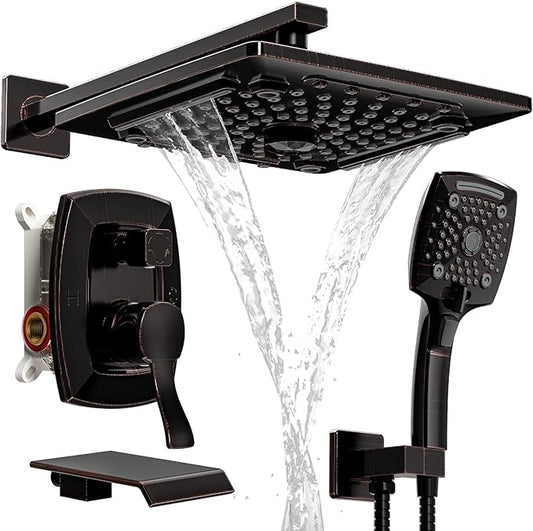 ELLO&ALLO Oil Rubber Bronze tub and Shower Faucet Set, Complete Shower System with Rough-in Valve and Trim Kit
