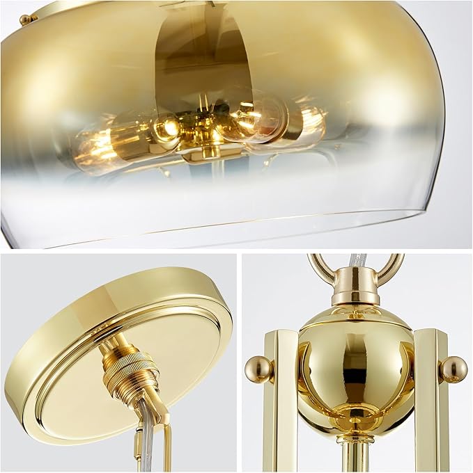 WUZUPS Gold Chandelier Rustic Farmhouse Industrial Round Ceiling Pendant LED Light Fixture with Gradient Glass Shade for Dining Room Kitchen Island Foyer Entryway, H 20.9" W 15.9", E26 Base