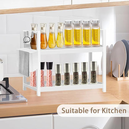 Bathroom Organizer Countertop with Basket & Hooks, 2 Tier Shelf Bathroom Organizers and Storage for Perfume, Cologne, White Countertop Organizer for Vanity, Kitchen, Office or Under Sinks