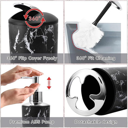 Black Marble Bathroom Accessories Set, Black Bathroom Set with Trash Can, Vanity Tray, Soap Dispenser, Soap Dish, Toothbrush Holder, Toothbrush Cup, Toilet Brush and Qtip Holders for Bathroom