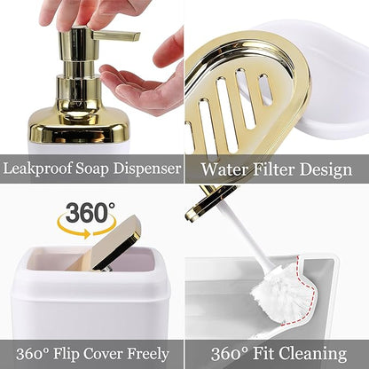 9Pcs Bathroom Accessories - White Bathroom Accessories Set with Trash Can, Soap Dispenser, Soap Dish, Toothbrush Holder, Toothbrush Cup, Toilet Brush Holder, Qtip Holders and Tray for Home