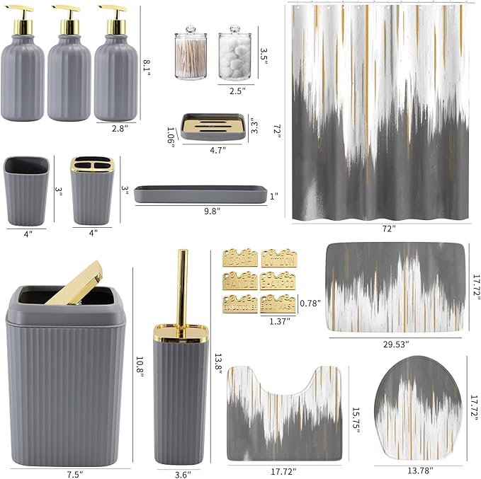 32PCS Bathroom Sets with Shower Curtain and Rugs-Grey Bathroom Accessories,Non Slip Bathroom Rugs Set with Toilet Lid Cover, Waterproof Shower Curtain, 3PC Soap Dispenser with Trash Can