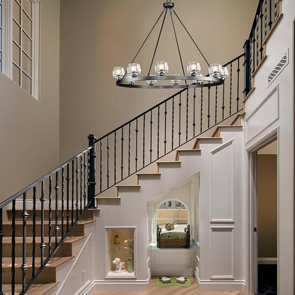 Black Wagon Wheel Chandelier, 48 Inch Black Chandeliers with Unique Glass Shade, 12-Light Crystal Large Wagon Wheel Chandeliers for Dining Room, High Ceiling Round Chandelier for Living Room, Foyer