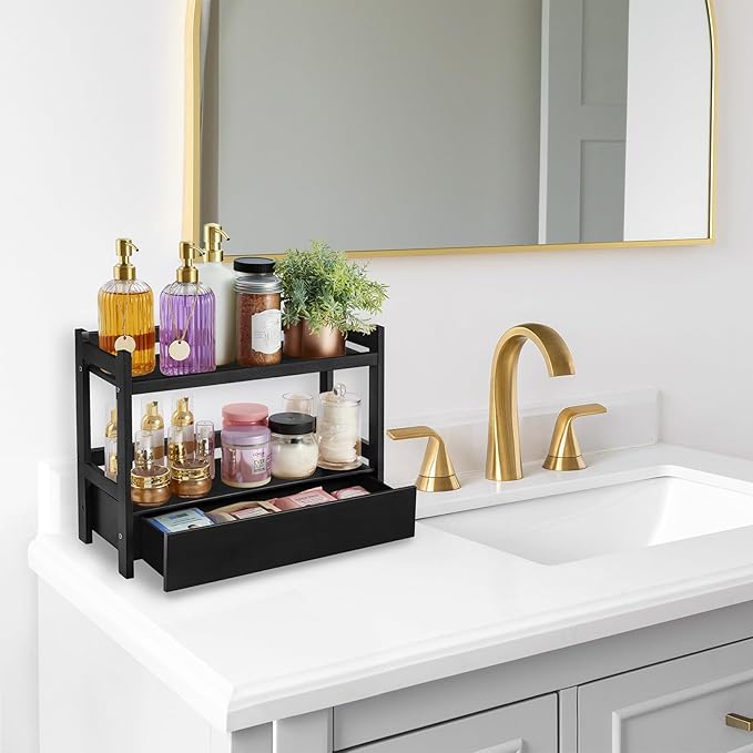 Sorbus Bamboo Bathroom Counter Organizer – 2-Tier Shelf with Hidden Drawer for Vanity, Matcha Station, Bathroom Sink Organizer Countertop, Kitchen & Office Storage (17″ L x 6.5″ W x 12.6″ H) (Black)