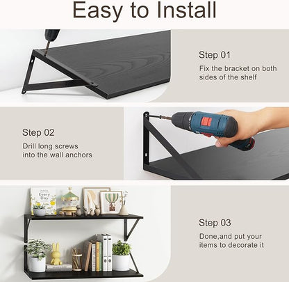 Deep Black Floating Shelves for Wall, 24"W x 10"D Wall Shelves Set of 2, 10 Inch Deep Floating Shelf with Brackets, Wide Display & Storage Shelves for Books, Living Room, Kitchen, Bathroom