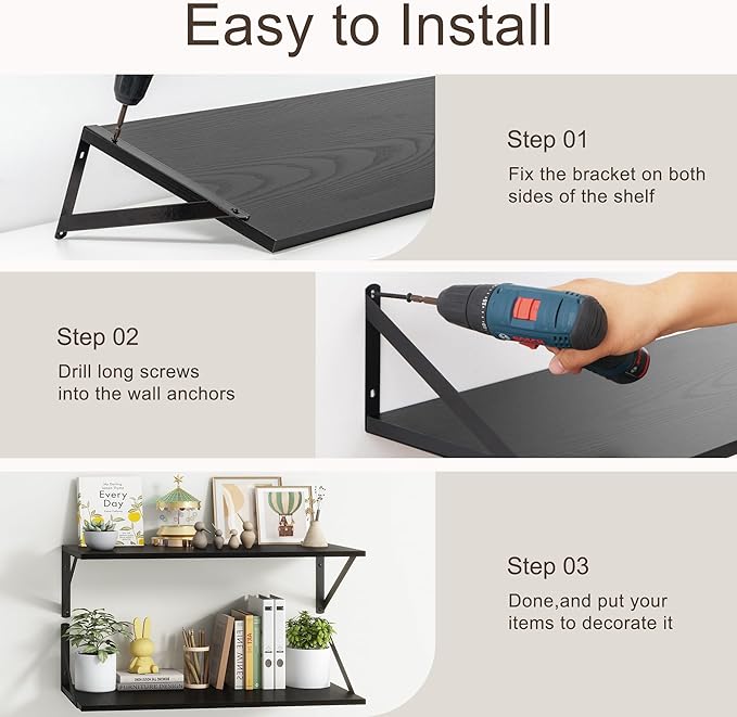 10 Inch Deep Floating Shelves, Black Floating Shelves 30 Inch Long, Rustic Wood Wall Shelves 30"W x 10"D, Deep Floating Shelf with Bracket, Wide Storage Shelves for Books, Living Room, Bathroom