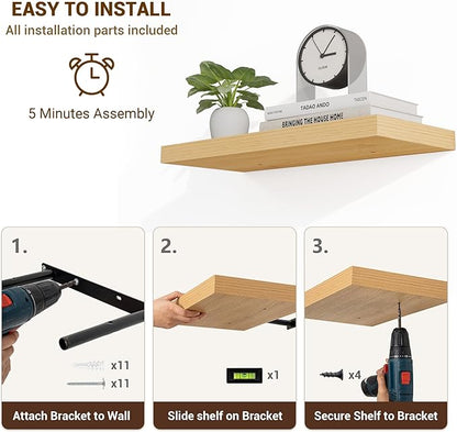 16 Inch Floating Shelves, 3D Textured Wood Grain, 16"x9.25"x1.5" Inch Deep Floating Shelves for Wall, Wooden Shelves for Bathroom, Bedroom, Living Room, Natural, 2 Pieces
