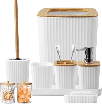 Bathroom Accessory Set, 9-Piece White Bathroom Set with Trash Can, Tray, Soap Dispenser, Toothbrush Holder, Toothbrush Cup, Soap Dish, Toilet Brush and Q-tip Holders for Bathroom/Housewarming