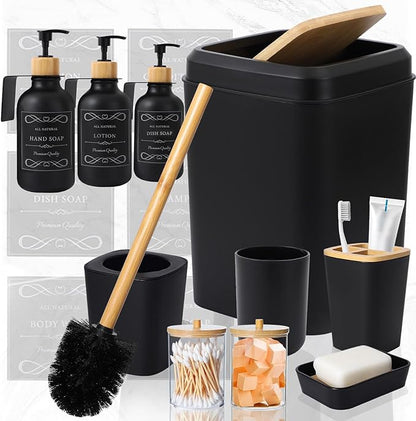 Black and Wood Bathroom Accessories Set 19Pcs, Bathroom Set with Trash Can and Toilet Brush, 3PCS Drill Free 17oz Soap Dispenser Wall Mounted, Toothbrush Holder and Cup, Soap Dish, Qtip Holder