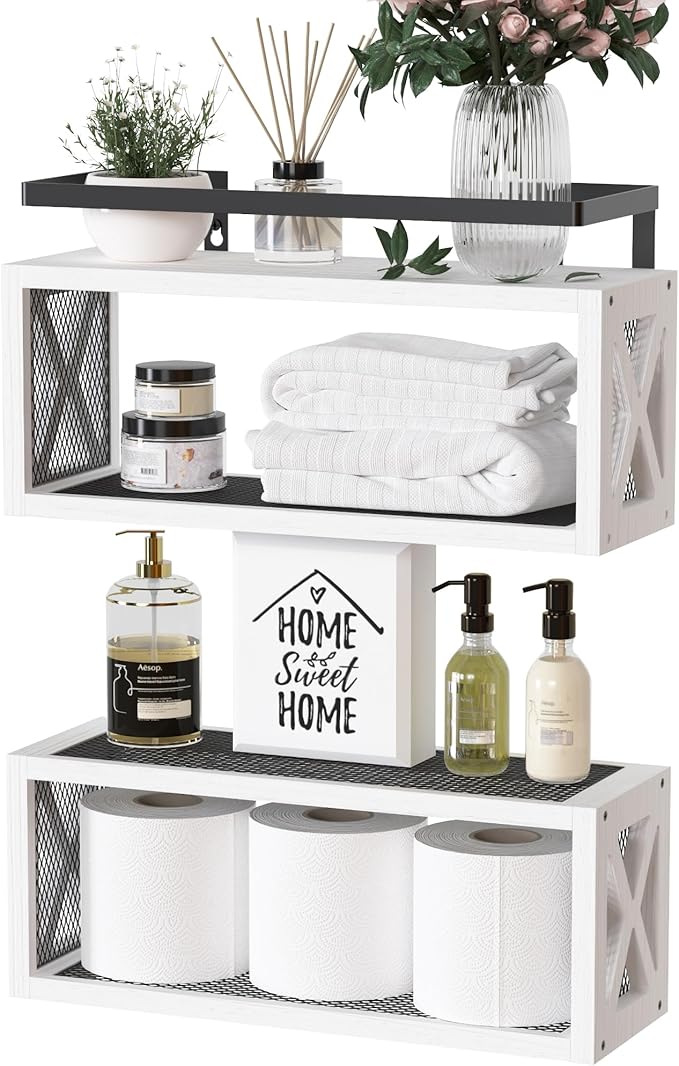 RICHER HOUSE Floating Shelves with Guardrail, Rustic Wood Shelves for Wall Décor, Farmhouse Bathroom Accessories Wall Mounted, Bathroom Organizer Over Toilet Storage, Kitchen, Living Room - White