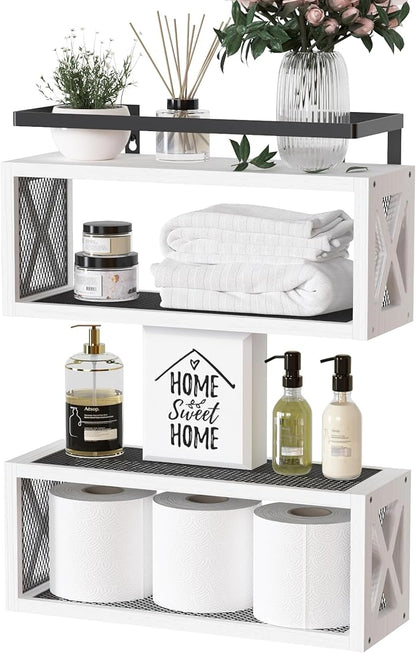 RICHER HOUSE Floating Shelves with Guardrail, Rustic Wood Shelves for Wall Décor, Farmhouse Bathroom Accessories Wall Mounted, Bathroom Organizer Over Toilet Storage, Kitchen, Living Room - White