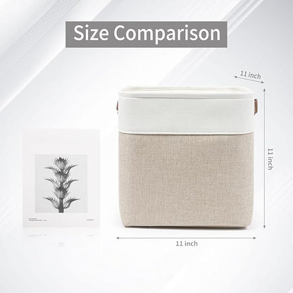 Collapsible Fabric Storage Cubes 11x11 Cube Storage Bins, 4 Pack Closet Baskets Box with Handles for Organizing, Shelf, Toys, Clothes, Home, Office, Nursery (Beige&White)