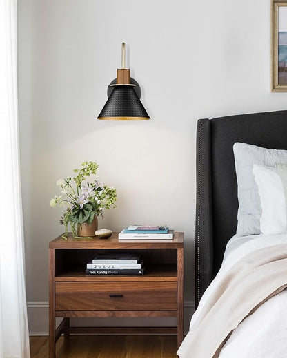 Black and Gold Wall Sconces, HWH Industrial Sconces Wall Lighting Indoor Vanity Barn Light Fixture, Gooseneck Wall Lamp for Bathroom Bedside Bedroom Kitchen, Hammered Metal Shade, 5HZG74B-L BK+BG