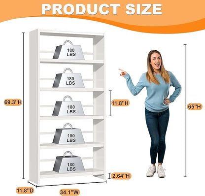 69.3" H Home Office Bookcase Shelf Storage,5 Tier Bookcase with Open Display Shelves,Industrial Wide Bookshelf with Metal Frame for Home Office, Living Room, Bed Room (34.1" W)