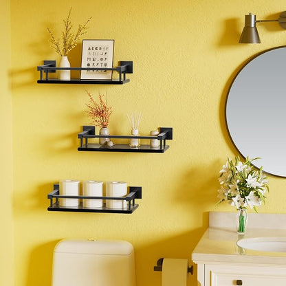 Alise Bathroom Glass Shelf with Stainless Steel Railing, Matte Black Small Tempered Glass Floating Wall Shelf Over The Toilet, 16 inch