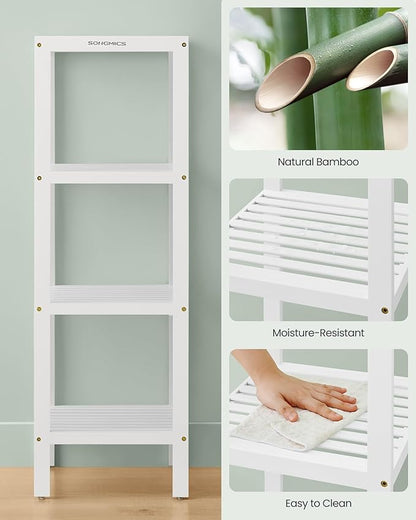SONGMICS Bamboo Storage Shelf, 4-Tier Shelving Unit, Multifunctional, in The Entryway, Bathroom, Living Room, Balcony, Kitchen, 13 x 13 x 38.6 Inches, Cloud White UBCB054W01