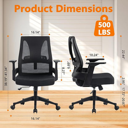 CLATINA Big and Tall Office Chair 500lbs, Heavy Duty Ergonomic Mesh Desk Chair with Lumbar Support and Armrests, Wide Seat Computer Task Chair for Home Office Study Conference Room, Black, 2pk