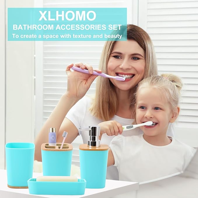 Teal Blue Bathroom Accessories Set with Trash Can 9 Piece Bathroom Decor Toothbrush Holder,Toothbrush Cup,Lotion Soap Dispenser,Vanity Tray,Soap Dish,Toilet Brush,Qtip Holder