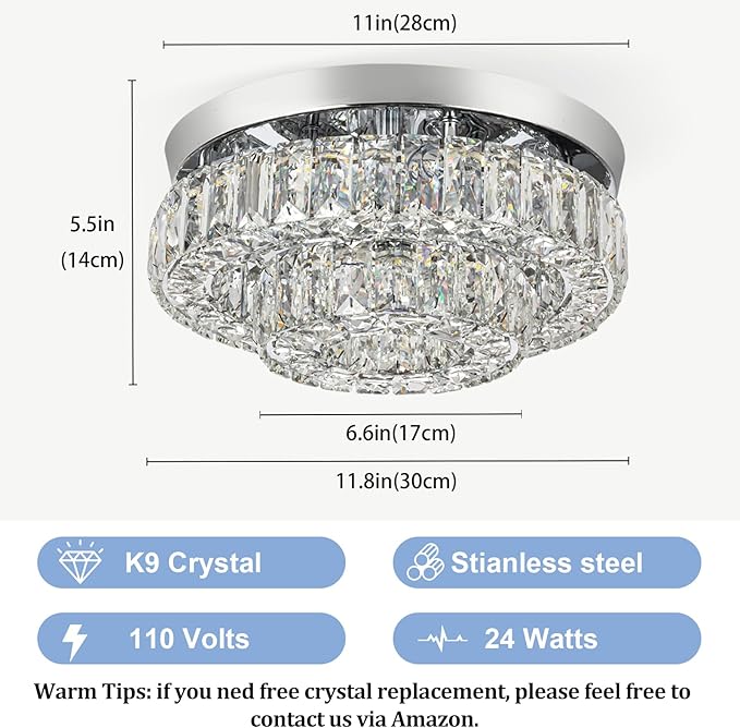 11.8" LED Chandelier 2-Layer Crystal Ceiling Light Fixture with Remote Control Flush Mount Chandelier Light for Hallway Bedroom Living Room Kitchen Foyer(dimmable)