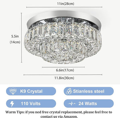 11.8" LED Chandelier 2-Layer Crystal Ceiling Light Fixture with Remote Control Flush Mount Chandelier Light for Hallway Bedroom Living Room Kitchen Foyer(dimmable)