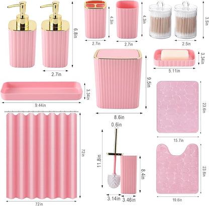 Pink Bathroom Set with Shower Curtain and Rugs- 25PC Bathroom Accessory Set, Pink Shower Curtain Set, Toilet Brush, Trash Can, Qtip Holder Dispenser & Soap Dispenser