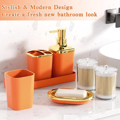 Orange Bathroom Accessories Set, Orange and Gold Bathroom Accessories with Trash Can, Soap Dispenser, Soap Dish, Toothbrush Holder and Q-tip Holders