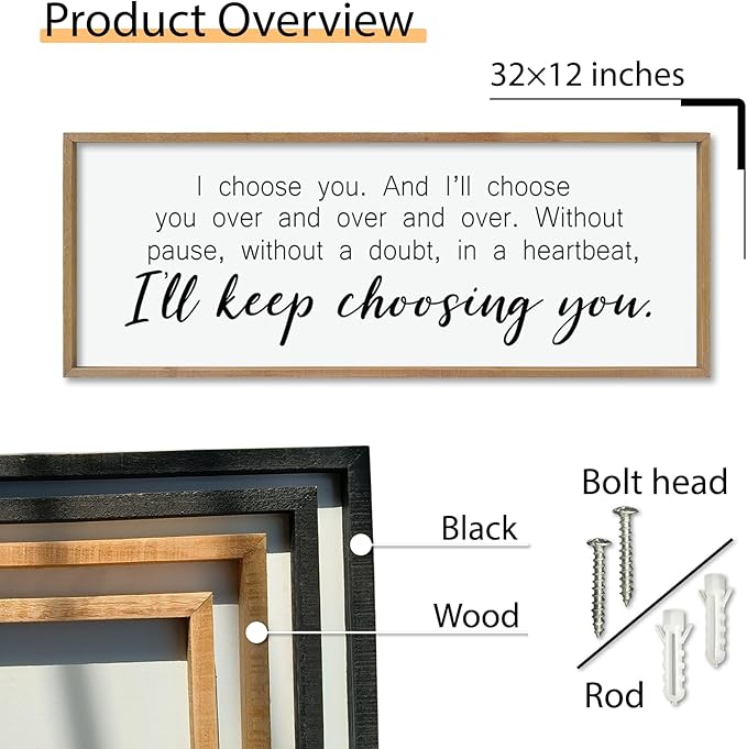 comurdyo I'll Keep Choosing You Sign 32"X12" for Master Bedroom Above Bed Wall Decor I Choose You Large Wood Framed Wall Hanging Art (Wood)