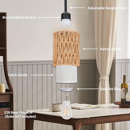 Pendant Light Boho Hanging Lamp, Rattan Hanging Lights with 2 in 1 Linen & Woven Shade, Ceiling Light Fixtures for Kitchen Island, Dining Room, Farmhouse, Bedroom (1 Pack)