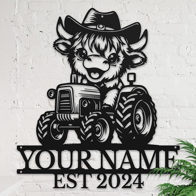 Personalized Highland Cow Name metal Signs,Custom Highland Cow Metal Shed Wall Decor,Black Metal Wall Art Plaques Outdoor wall Decorative Signage (Style B)
