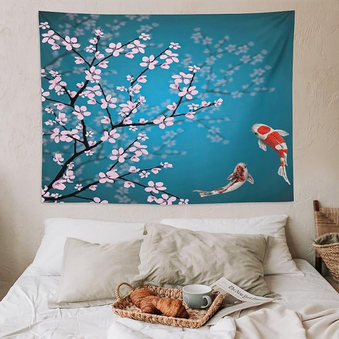 Houselerax Japanese Koi Fish Tapestry, Cherry Blossoms Asian Oriental Green Teal Flower Branch Koi Fish Carp Tapestries Wall Hanging for Bedroom Living Room Office Decor 80"x60"